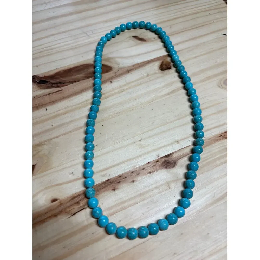 Turquoise Blue Howlite Beaded Necklace Round Stone Beads Boho Southwestern
